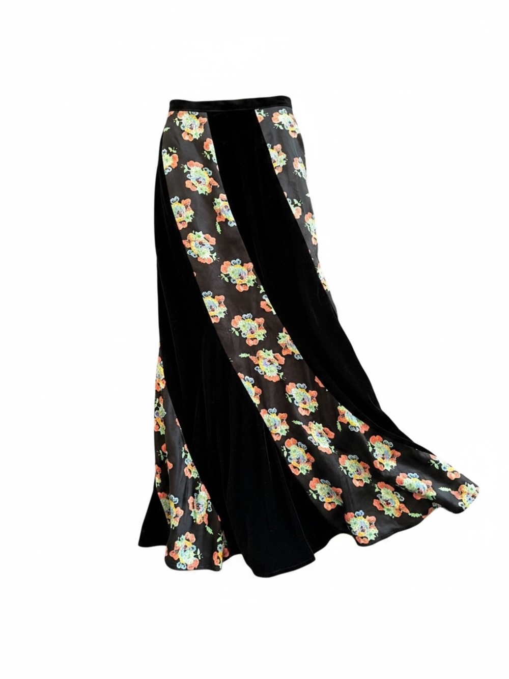 Free People Black Maxi Skirt Multicolor Floral and velvet satin Panels size 2